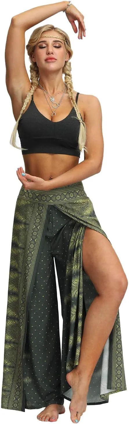 Plustrong Womens Slit Wide Leg Pants Casual Hippie Beach Boho Pilate Flowy Palazzo Yoga Pants