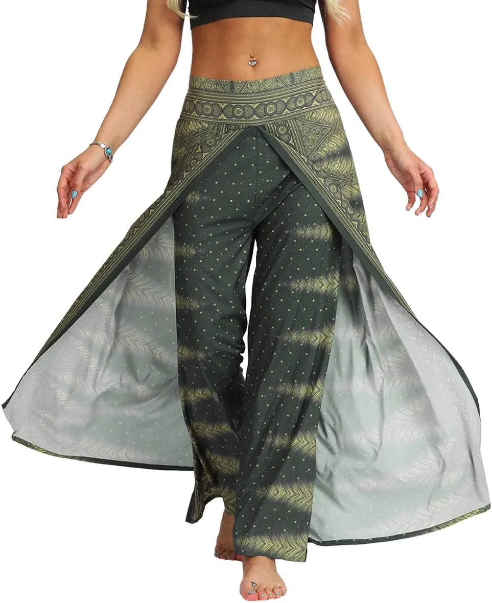 Plustrong Womens Slit Wide Leg Pants Casual Hippie Beach Boho Pilate Flowy Palazzo Yoga Pants