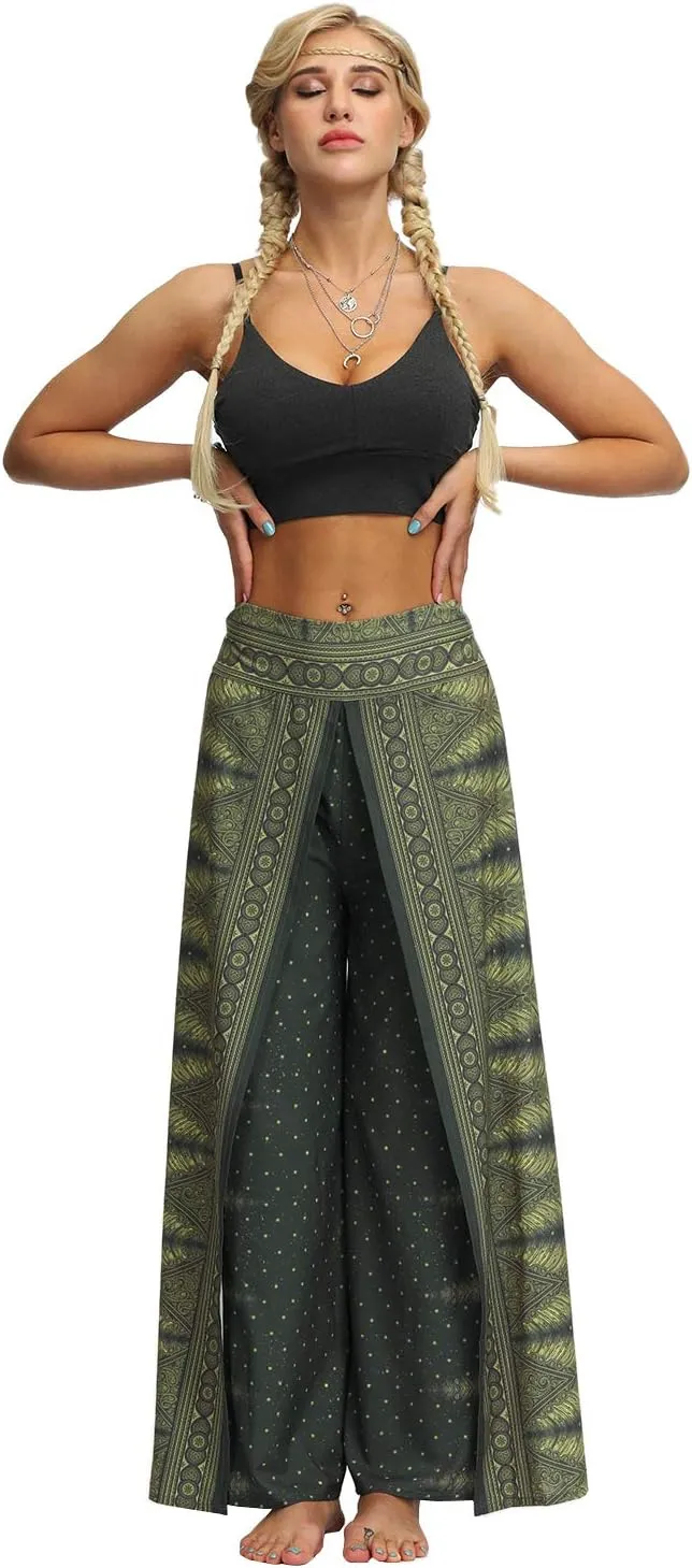 Plustrong Womens Slit Wide Leg Pants Casual Hippie Beach Boho Pilate Flowy Palazzo Yoga Pants