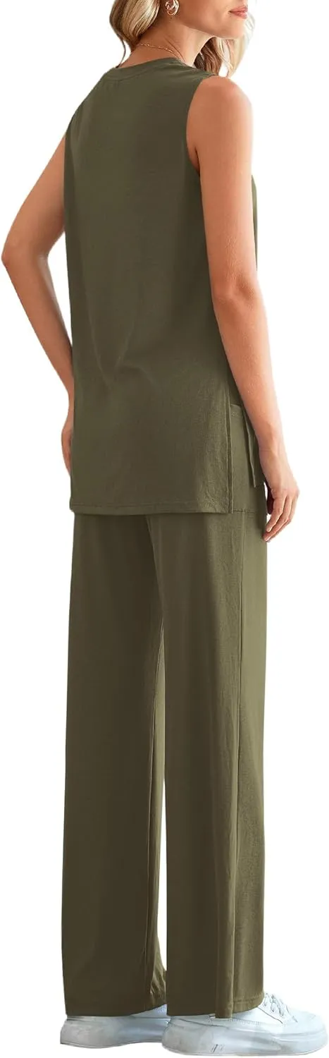 PRETTYGARDEN Women's Summer 2 Piece Set 2025 Loose Tank Top Wide Leg Pants Casual Matching Lounge Travel Outfits Tracksuit
