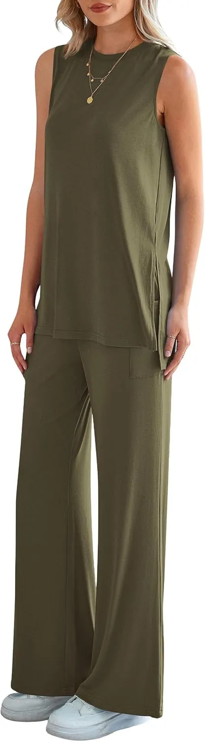 PRETTYGARDEN Women's Summer 2 Piece Set 2025 Loose Tank Top Wide Leg Pants Casual Matching Lounge Travel Outfits Tracksuit