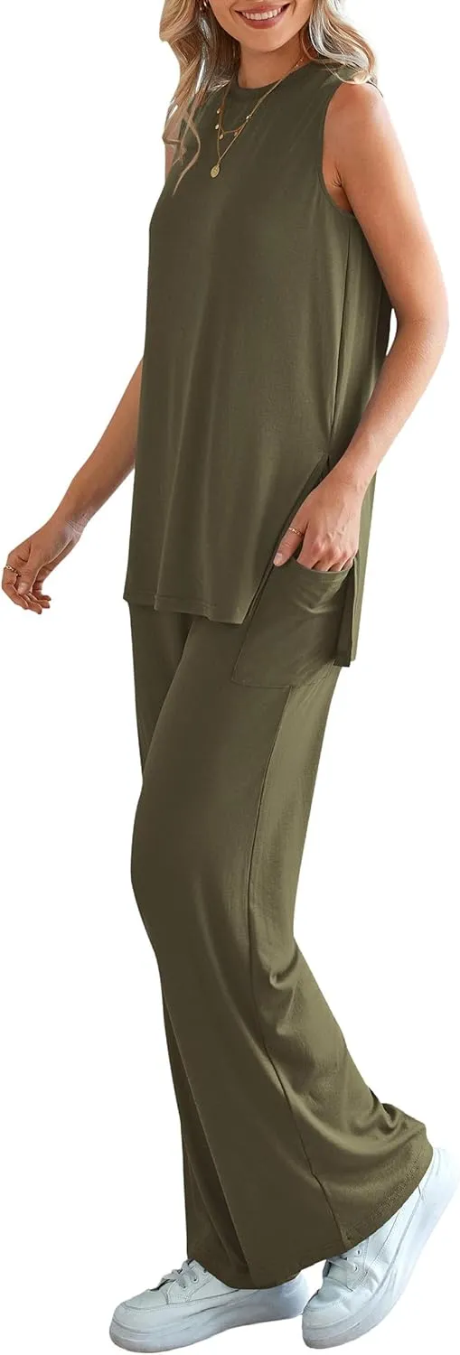 PRETTYGARDEN Women's Summer 2 Piece Set 2025 Loose Tank Top Wide Leg Pants Casual Matching Lounge Travel Outfits Tracksuit