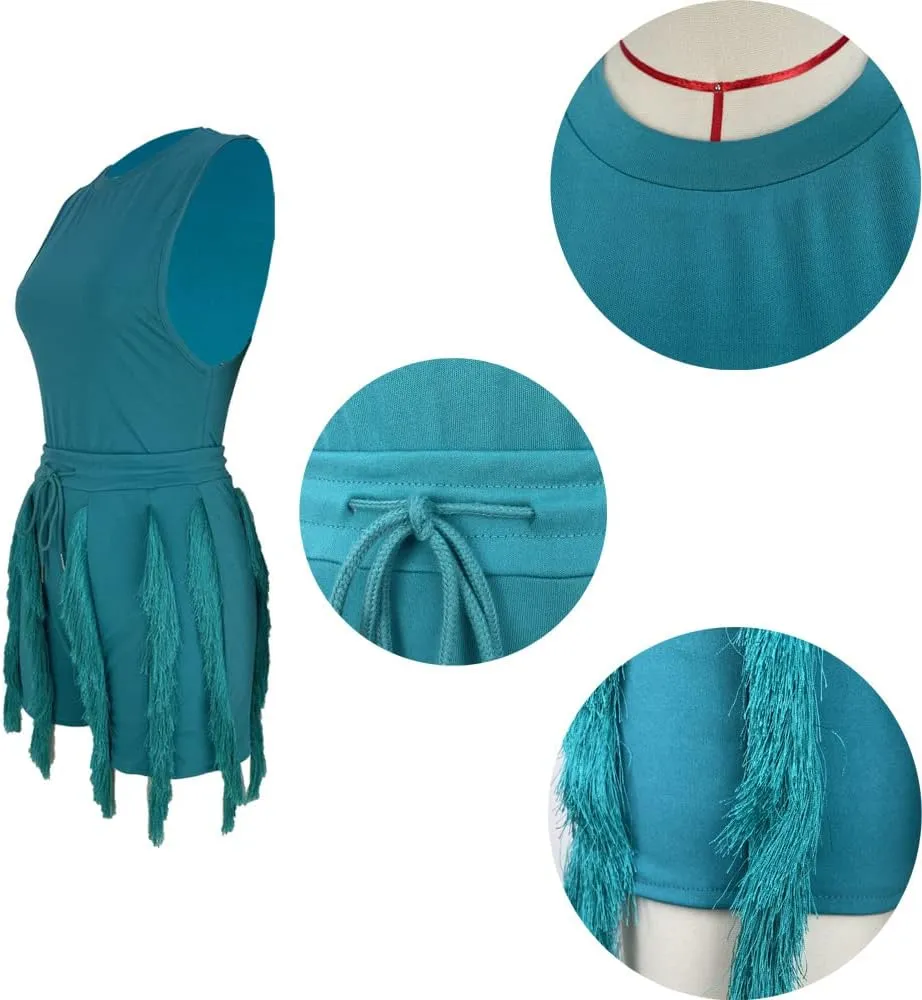 PRIVIMIX Women 2 Piece Outfits Fringe Tassel Short Pants Set Sleeveless Top Sweatsuit High Waisted Clubwears