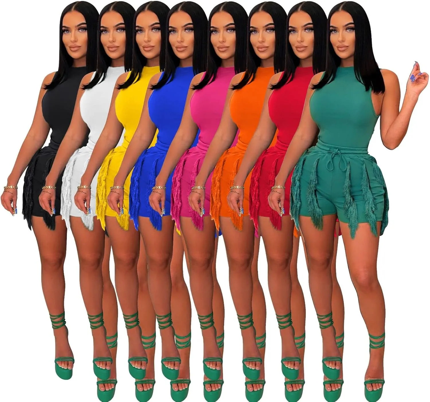 PRIVIMIX Women 2 Piece Outfits Fringe Tassel Short Pants Set Sleeveless Top Sweatsuit High Waisted Clubwears