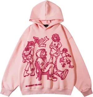 Qianran Y2K Skeleton Hoodie Women Men Pullover Print Graphic Oversized Jacket Fashion Streetwear Sweatshirt Pink S