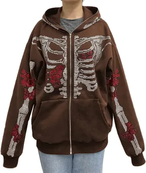 Raruxxin Women Rhinestone Y2k Hoodies Goth Punk Harajuku Jacket Skeleton Print Zip Up Pullover Oversized Vintage Streetwear