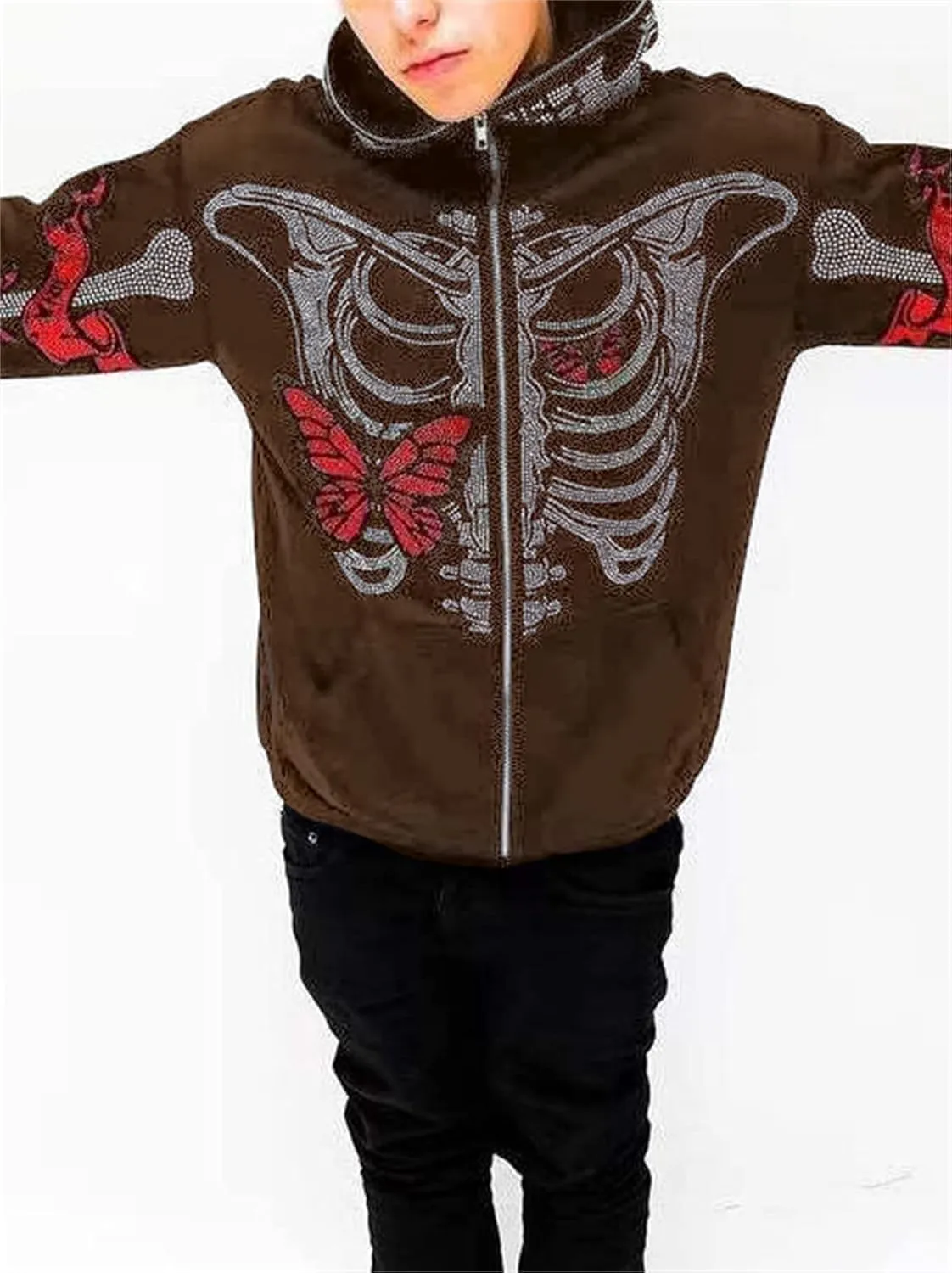 Raruxxin Women Rhinestone Y2k Hoodies Goth Punk Harajuku Jacket Skeleton Print Zip Up Pullover Oversized Vintage Streetwear