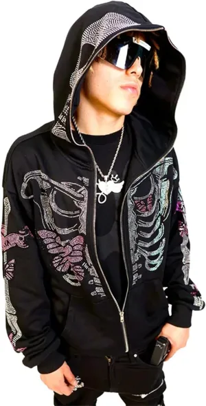 Raruxxin Women Rhinestone Y2k Hoodies Goth Punk Harajuku Jacket Skeleton Print Zip Up Pullover Oversized Vintage Streetwear