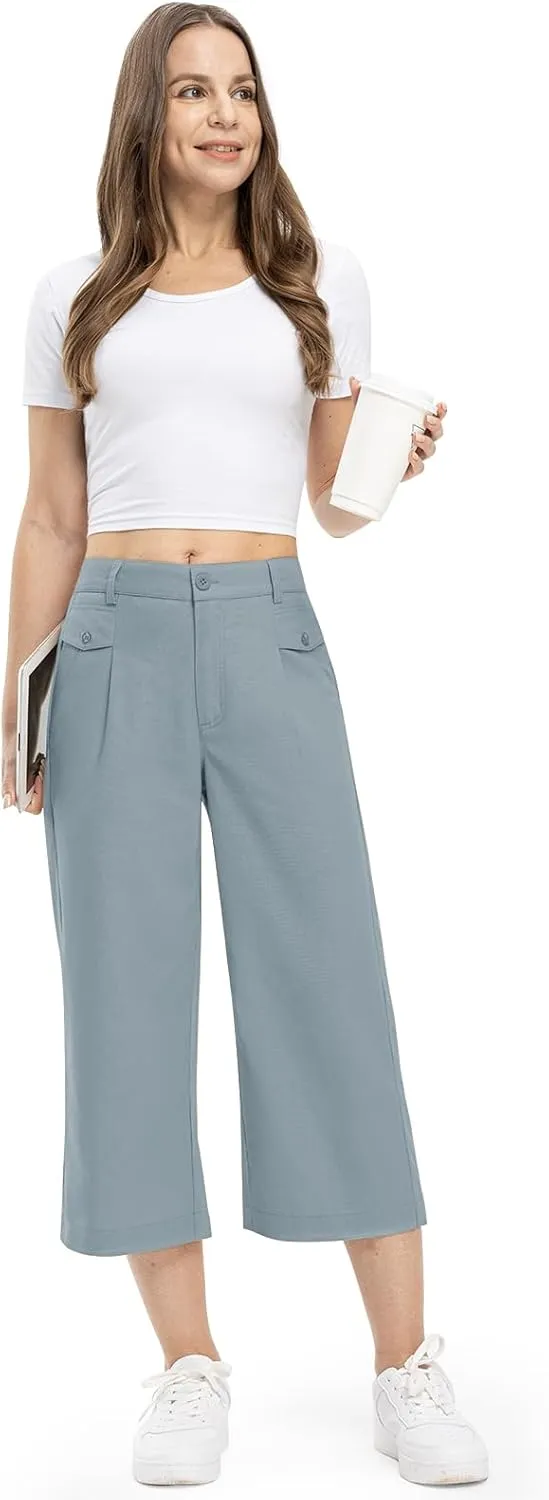 Rdruko Women's Linen Capri Pants Summer Wide Leg Cropped Pants Loose Casual Palazzo Pants with Pockets