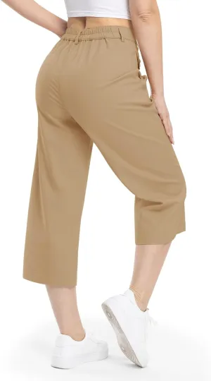 Rdruko Women's Linen Capri Pants Summer Wide Leg Cropped Pants Loose Casual Palazzo Pants with Pockets