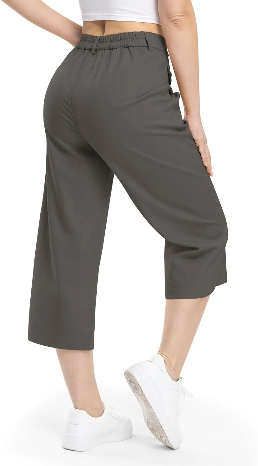 Rdruko Women's Linen Capri Pants Summer Wide Leg Cropped Pants Loose Casual Palazzo Pants with Pockets