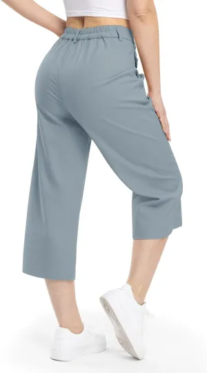 Rdruko Women's Linen Capri Pants Summer Wide Leg Cropped Pants Loose Casual Palazzo Pants with Pockets