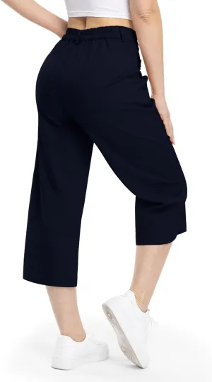 Rdruko Women's Linen Capri Pants Summer Wide Leg Cropped Pants Loose Casual Palazzo Pants with Pockets