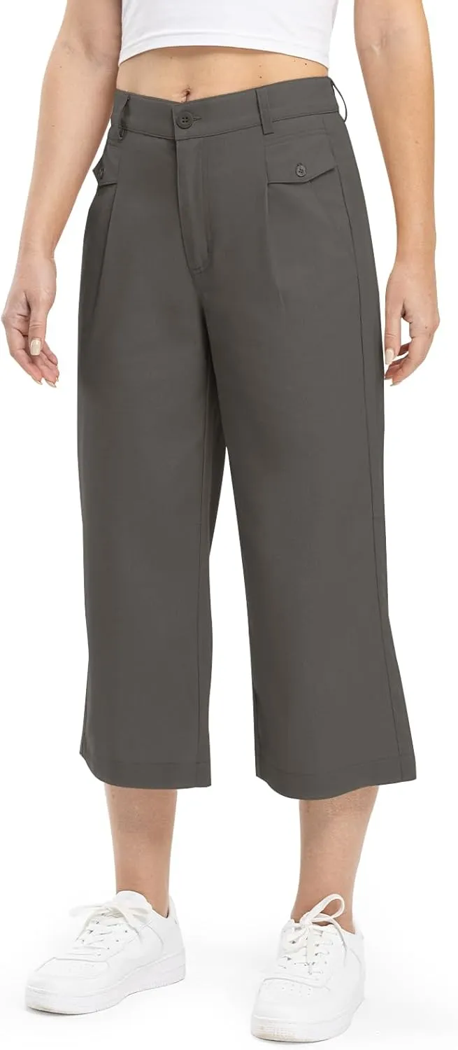 Rdruko Women's Linen Capri Pants Summer Wide Leg Cropped Pants Loose Casual Palazzo Pants with Pockets