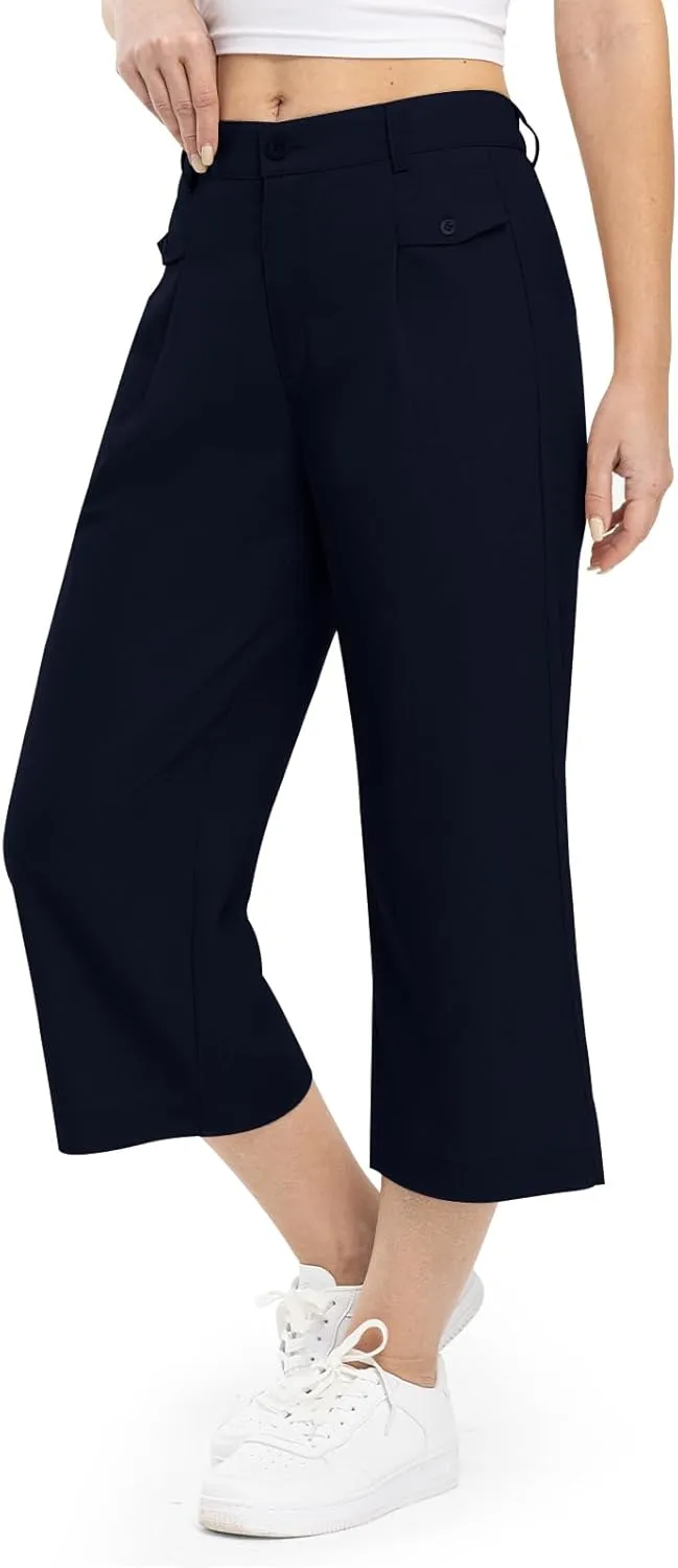 Rdruko Women's Linen Capri Pants Summer Wide Leg Cropped Pants Loose Casual Palazzo Pants with Pockets