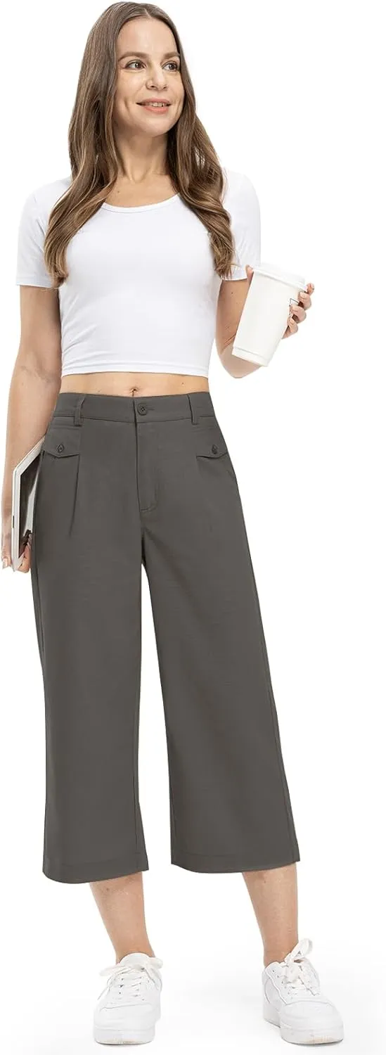 Rdruko Women's Linen Capri Pants Summer Wide Leg Cropped Pants Loose Casual Palazzo Pants with Pockets
