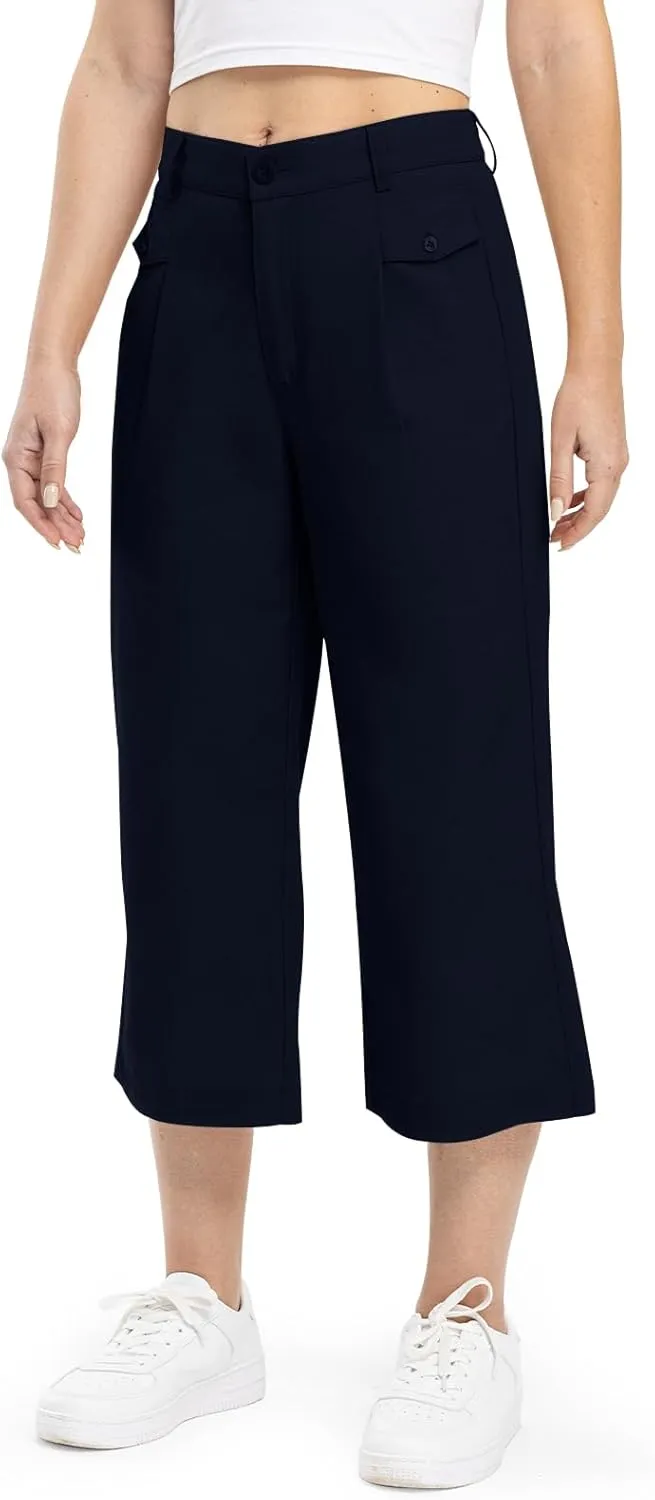 Rdruko Women's Linen Capri Pants Summer Wide Leg Cropped Pants Loose Casual Palazzo Pants with Pockets