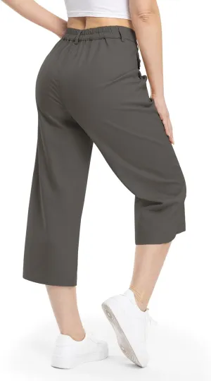 Rdruko Women's Linen Capri Pants Summer Wide Leg Cropped Pants Loose Casual Palazzo Pants with Pockets