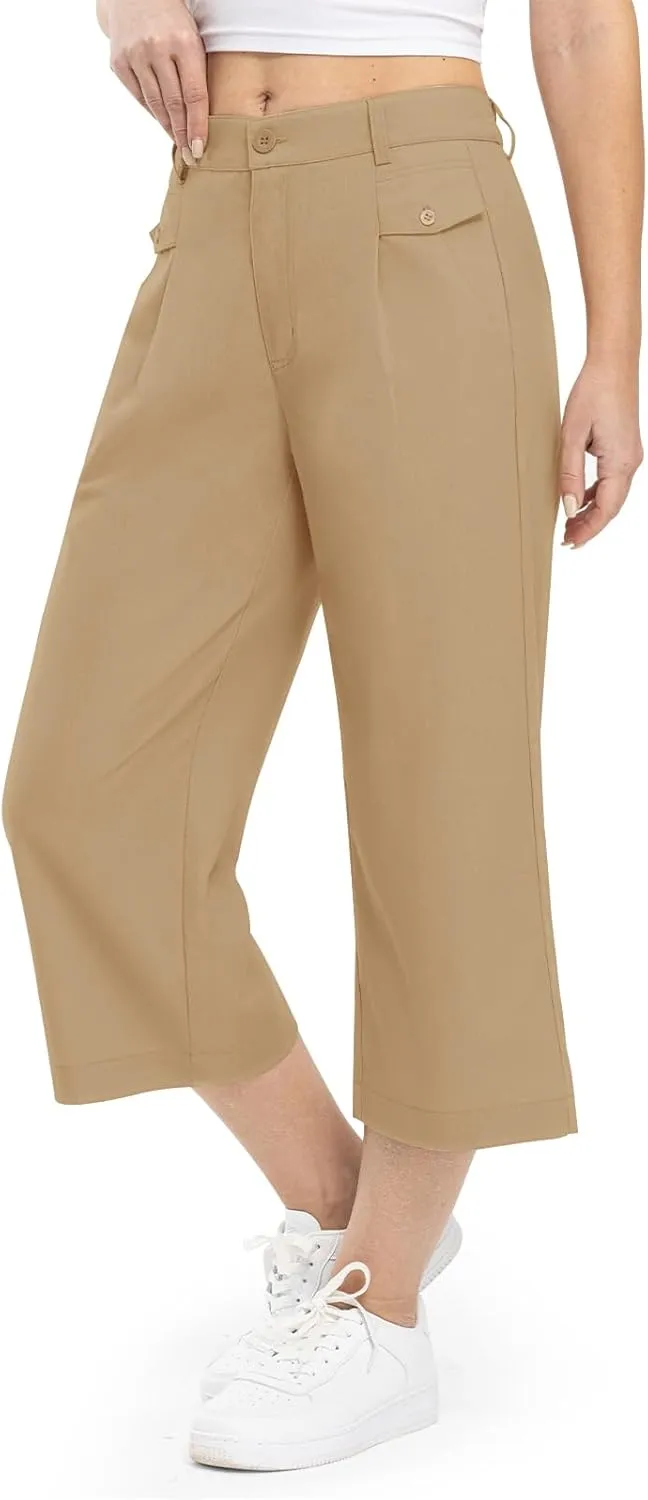 Rdruko Women's Linen Capri Pants Summer Wide Leg Cropped Pants Loose Casual Palazzo Pants with Pockets
