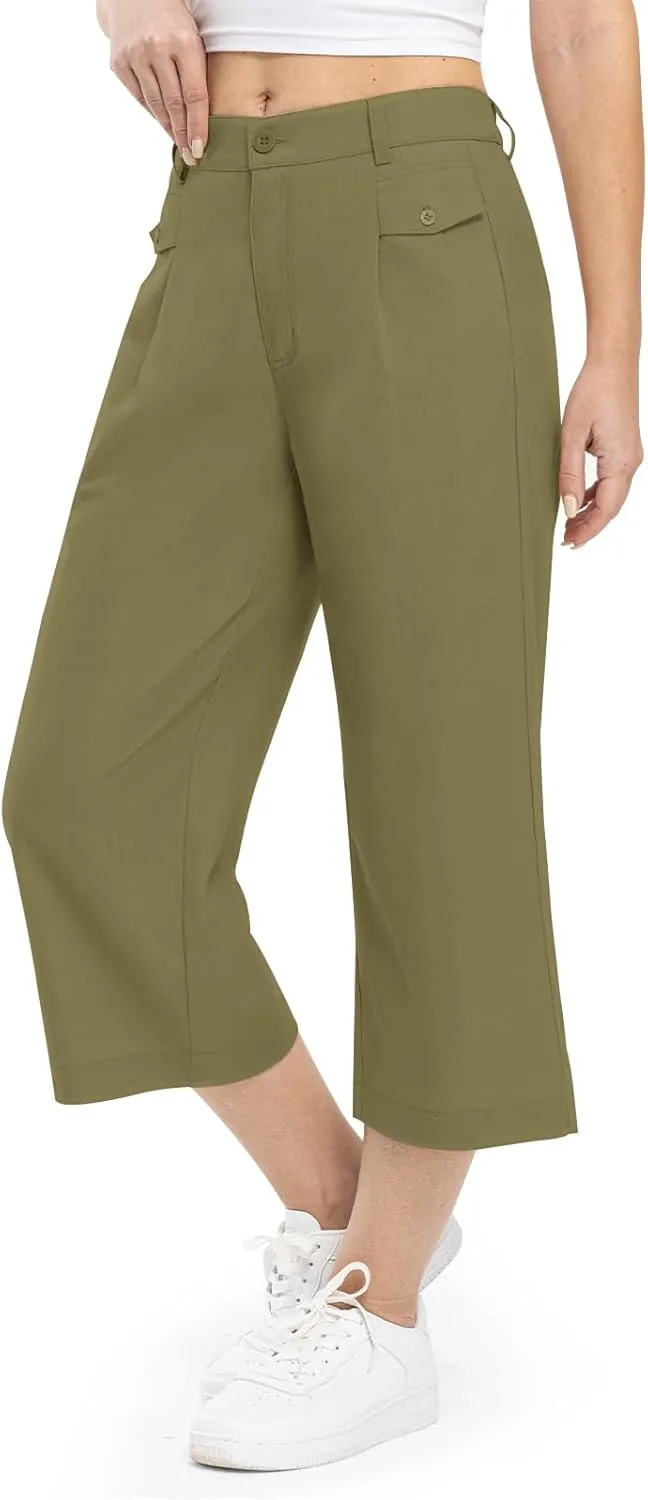 Rdruko Women's Linen Capri Pants Summer Wide Leg Cropped Pants Loose Casual Palazzo Pants with Pockets