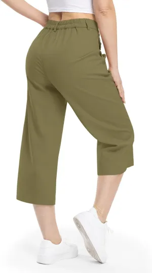 Rdruko Women's Linen Capri Pants Summer Wide Leg Cropped Pants Loose Casual Palazzo Pants with Pockets