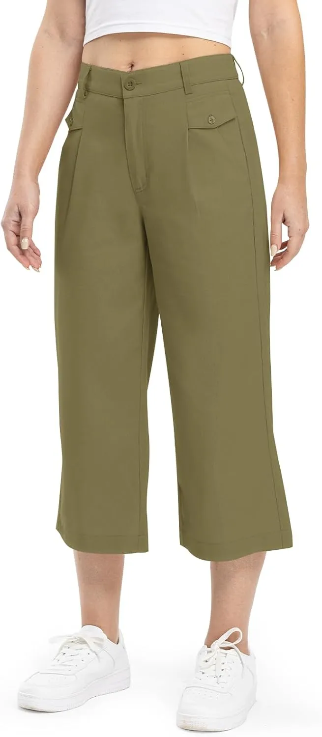 Rdruko Women's Linen Capri Pants Summer Wide Leg Cropped Pants Loose Casual Palazzo Pants with Pockets