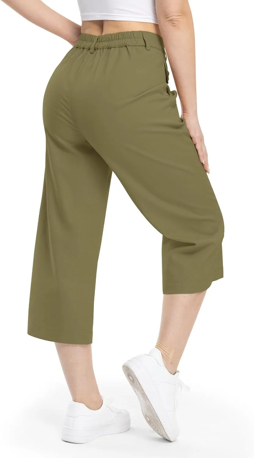 Rdruko Women's Linen Capri Pants Summer Wide Leg Cropped Pants Loose Casual Palazzo Pants with Pockets