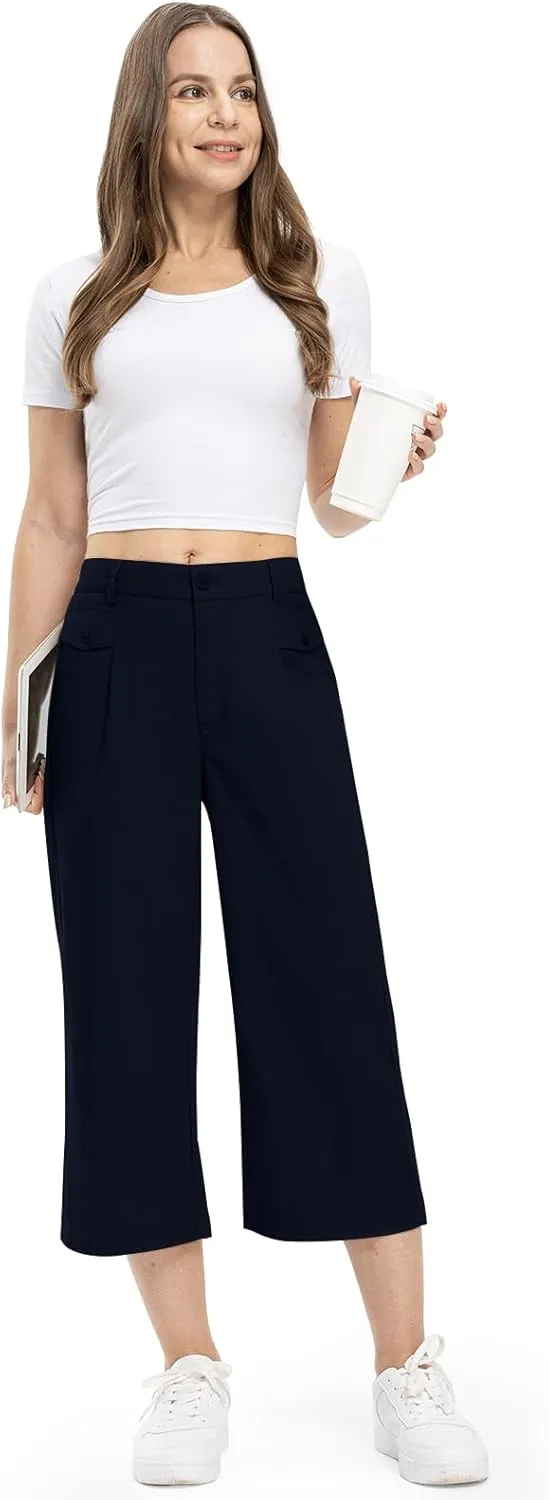 Rdruko Women's Linen Capri Pants Summer Wide Leg Cropped Pants Loose Casual Palazzo Pants with Pockets