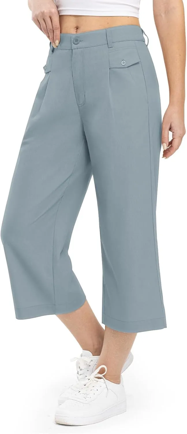Rdruko Women's Linen Capri Pants Summer Wide Leg Cropped Pants Loose Casual Palazzo Pants with Pockets