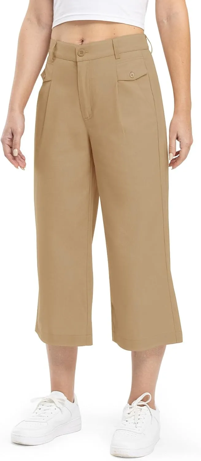 Rdruko Women's Linen Capri Pants Summer Wide Leg Cropped Pants Loose Casual Palazzo Pants with Pockets