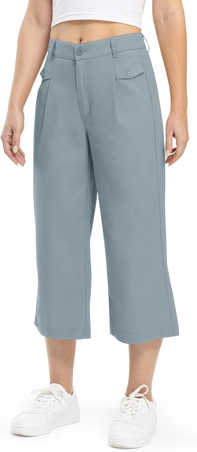 Rdruko Women's Linen Capri Pants Summer Wide Leg Cropped Pants Loose Casual Palazzo Pants with Pockets