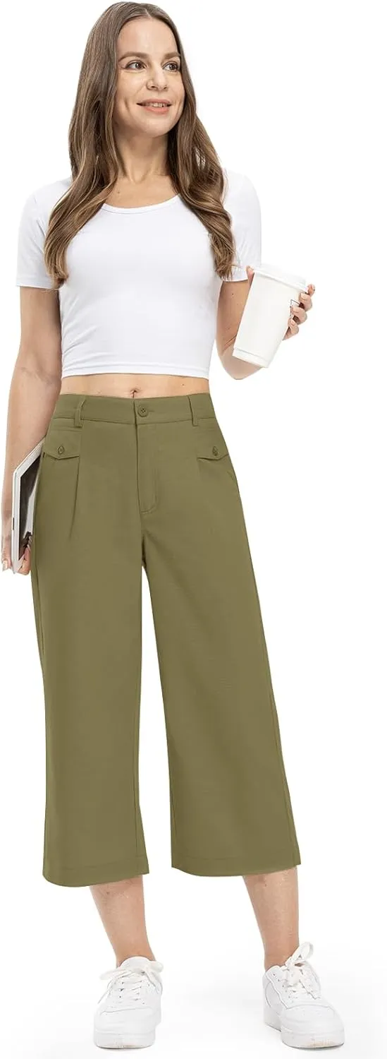 Rdruko Women's Linen Capri Pants Summer Wide Leg Cropped Pants Loose Casual Palazzo Pants with Pockets