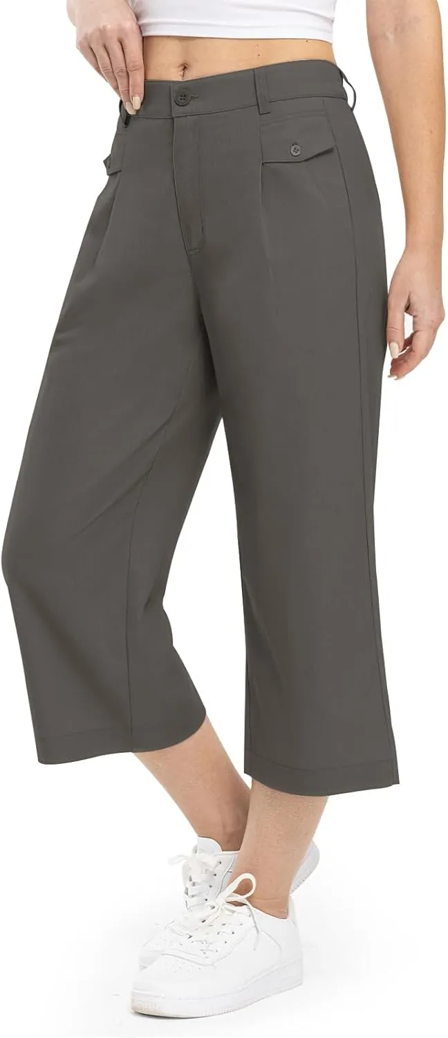 Rdruko Women's Linen Capri Pants Summer Wide Leg Cropped Pants Loose Casual Palazzo Pants with Pockets