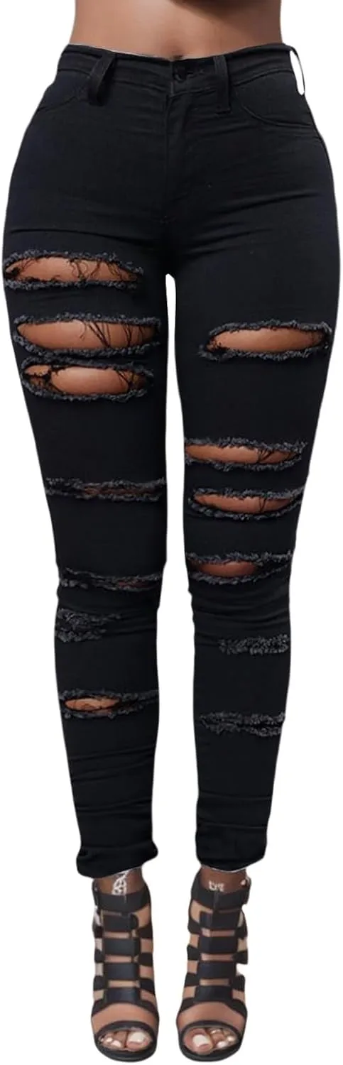 Ripped Skinny Jeans for Women High Waisted Distressed Stretchy Denim Pants Long Trendy Destroyed Hole Pencil Pants
