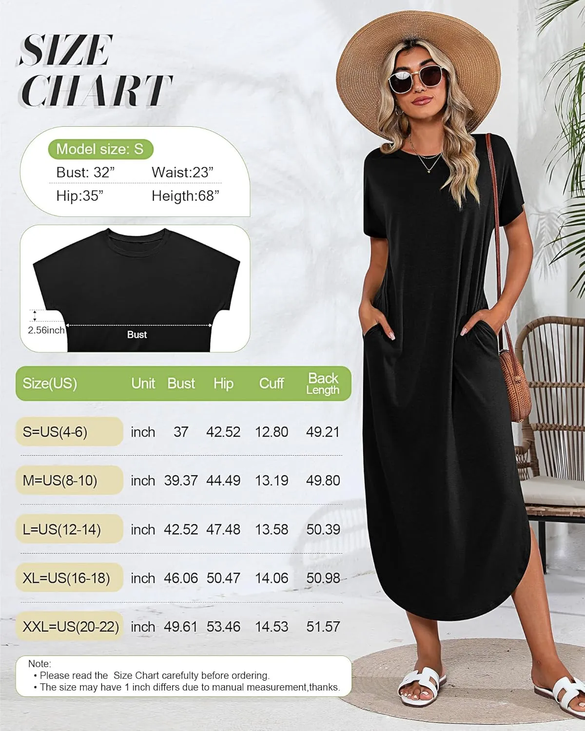 Riyiper 2 Pieces Women's Short Sleeve Maxi Dress Round Neck Casual Loose Split Long Summer Beach Shirt Dress with Pockets
