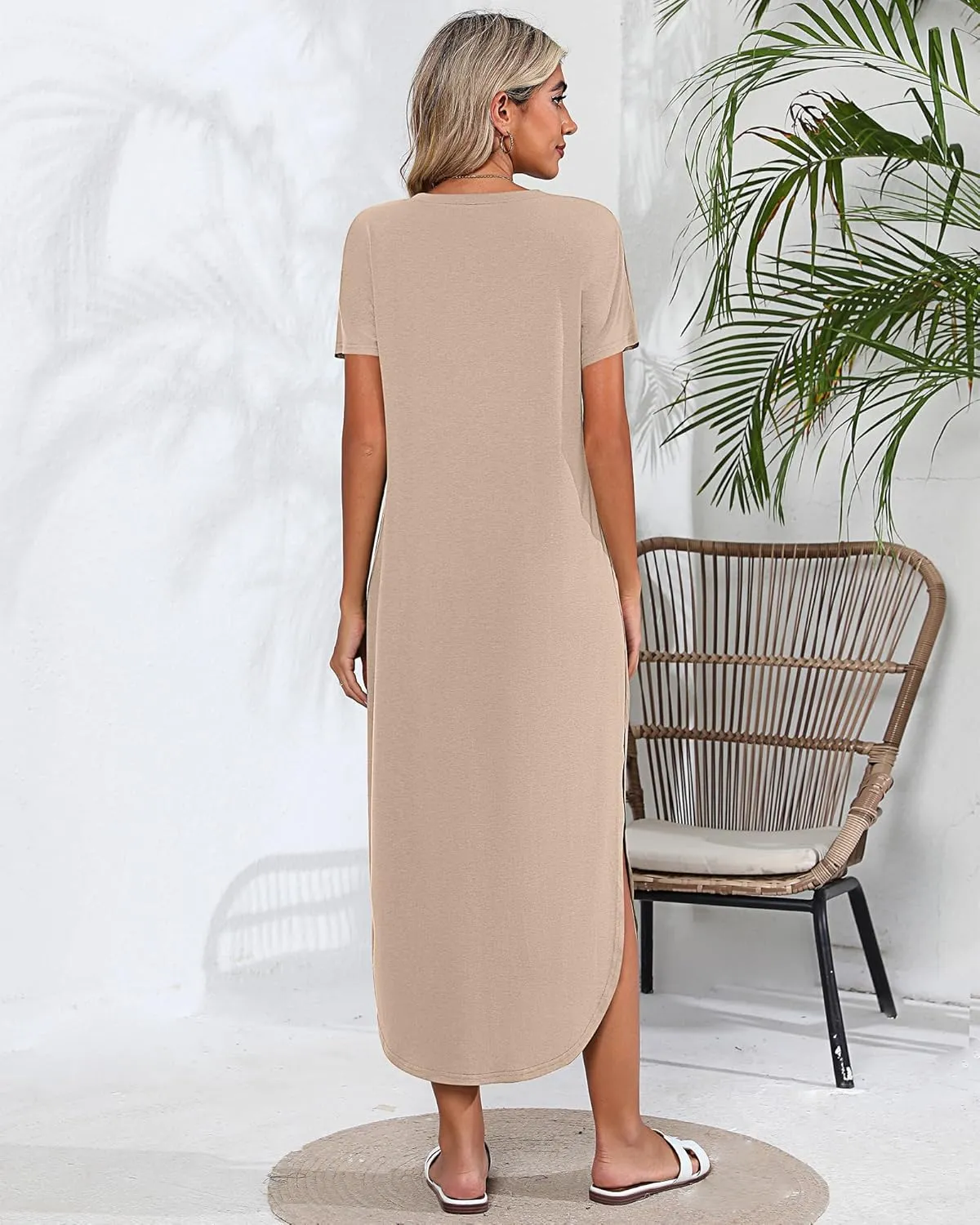 Riyiper 2 Pieces Women's Short Sleeve Maxi Dress Round Neck Casual Loose Split Long Summer Beach Shirt Dress with Pockets