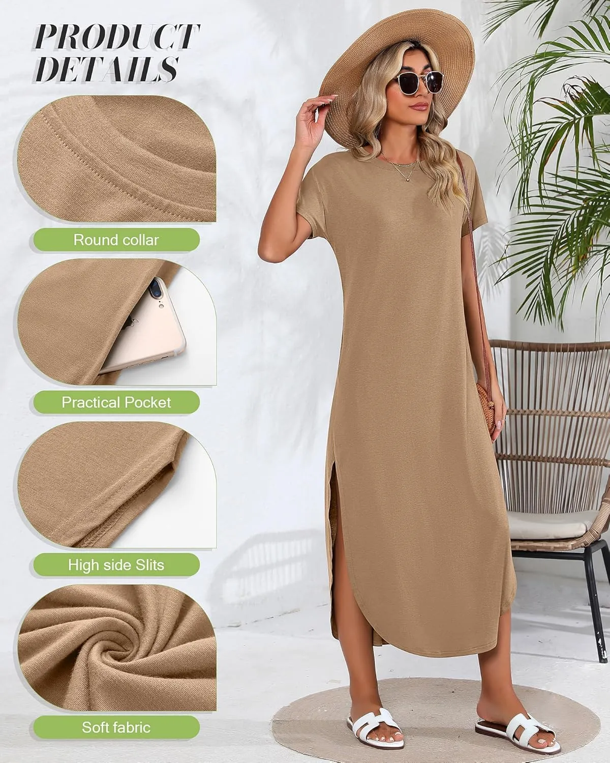 Riyiper 2 Pieces Women's Short Sleeve Maxi Dress Round Neck Casual Loose Split Long Summer Beach Shirt Dress with Pockets