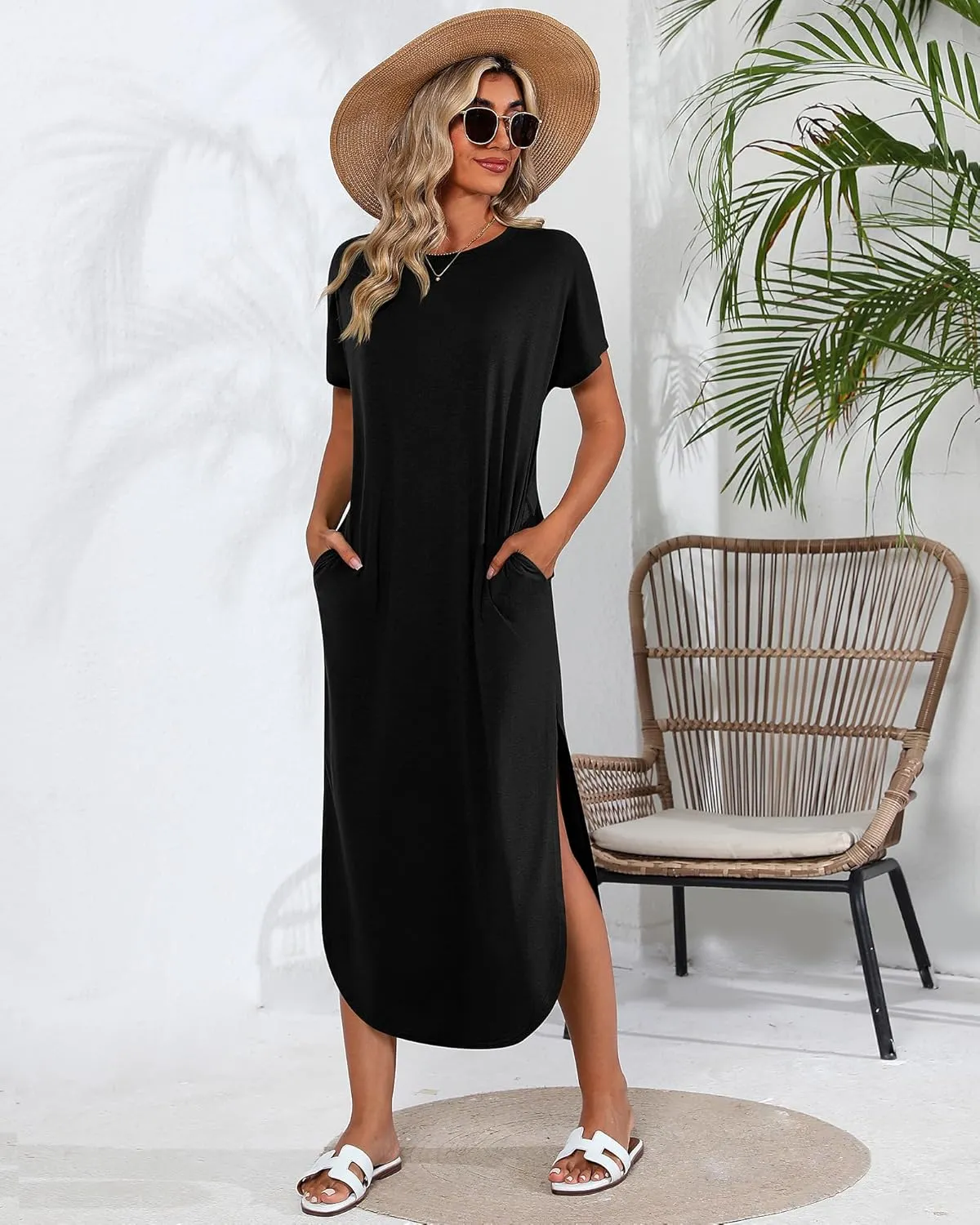 Riyiper 2 Pieces Women's Short Sleeve Maxi Dress Round Neck Casual Loose Split Long Summer Beach Shirt Dress with Pockets