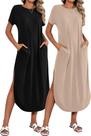 Riyiper 2 Pieces Women's Short Sleeve Maxi Dress Round Neck Casual Loose Split Long Summer Beach Shirt Dress with Pockets