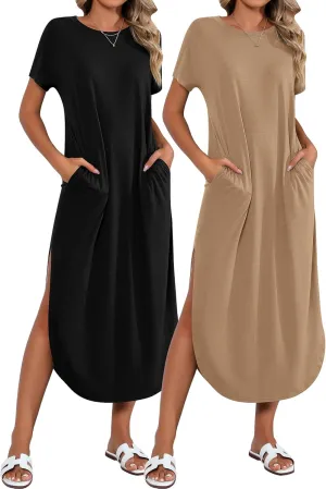 Riyiper 2 Pieces Women's Short Sleeve Maxi Dress Round Neck Casual Loose Split Long Summer Beach Shirt Dress with Pockets