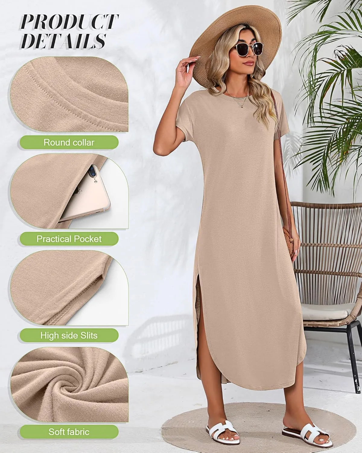 Riyiper 2 Pieces Women's Short Sleeve Maxi Dress Round Neck Casual Loose Split Long Summer Beach Shirt Dress with Pockets