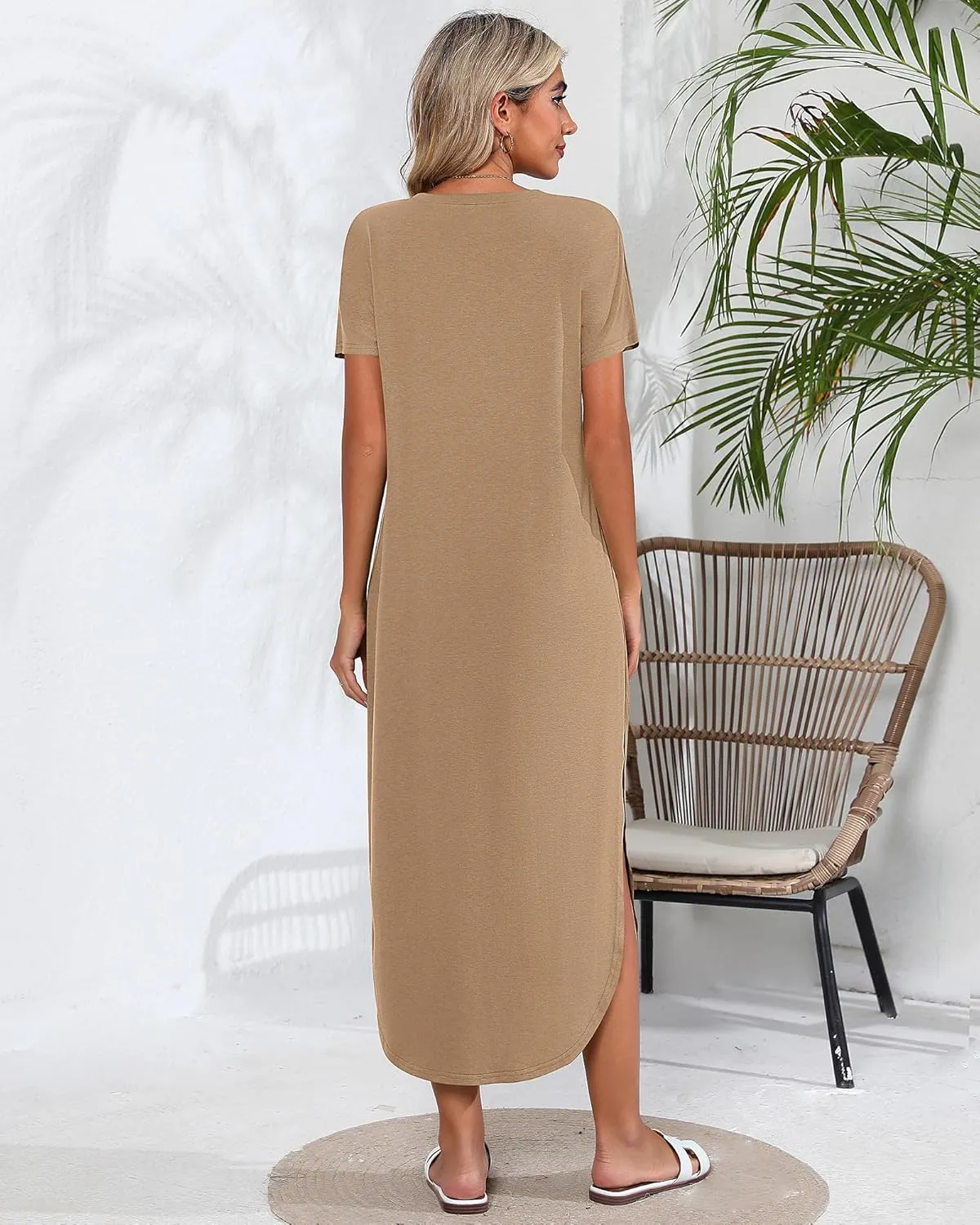Riyiper 2 Pieces Women's Short Sleeve Maxi Dress Round Neck Casual Loose Split Long Summer Beach Shirt Dress with Pockets