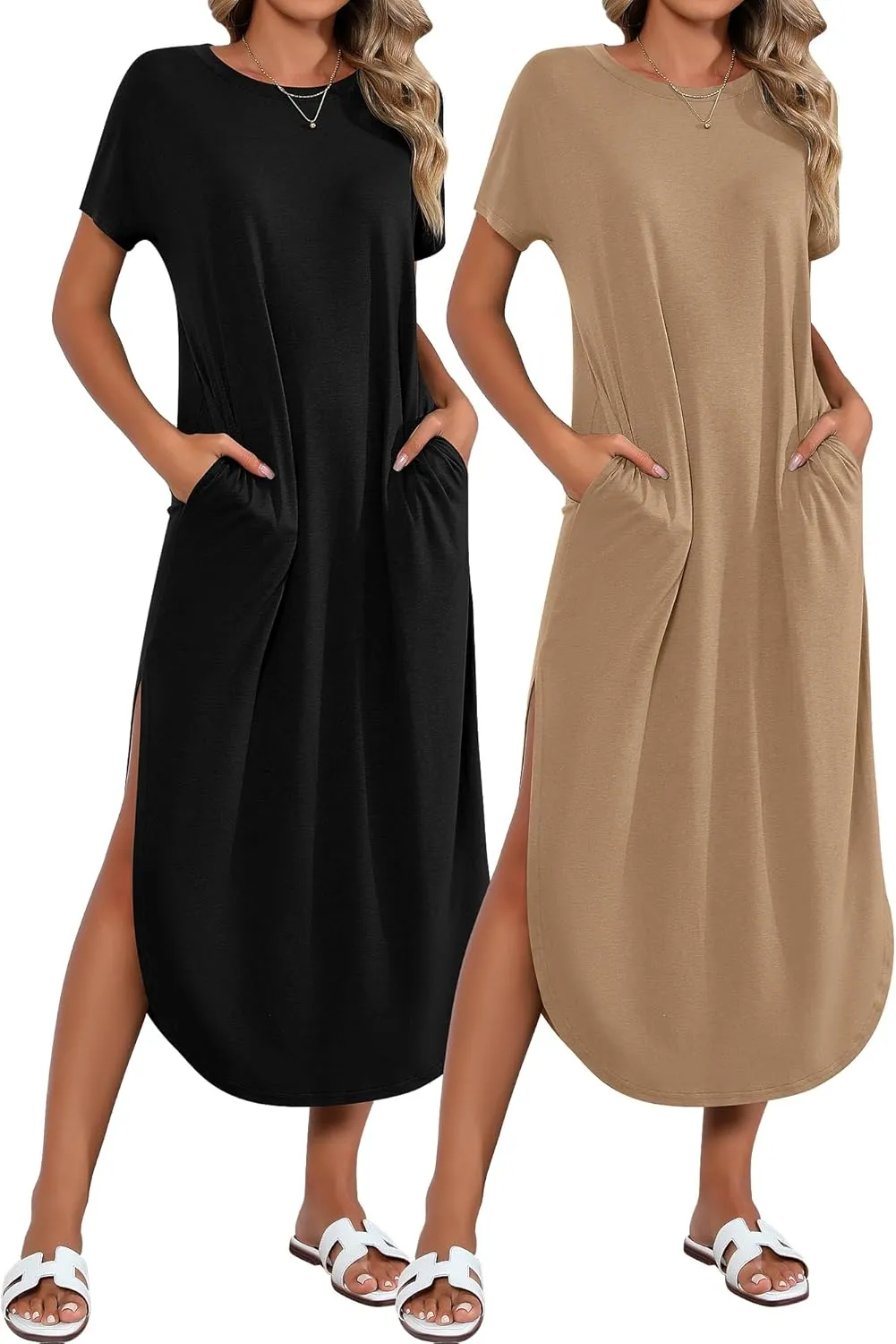 Riyiper 2 Pieces Women's Short Sleeve Maxi Dress Round Neck Casual Loose Split Long Summer Beach Shirt Dress with Pockets