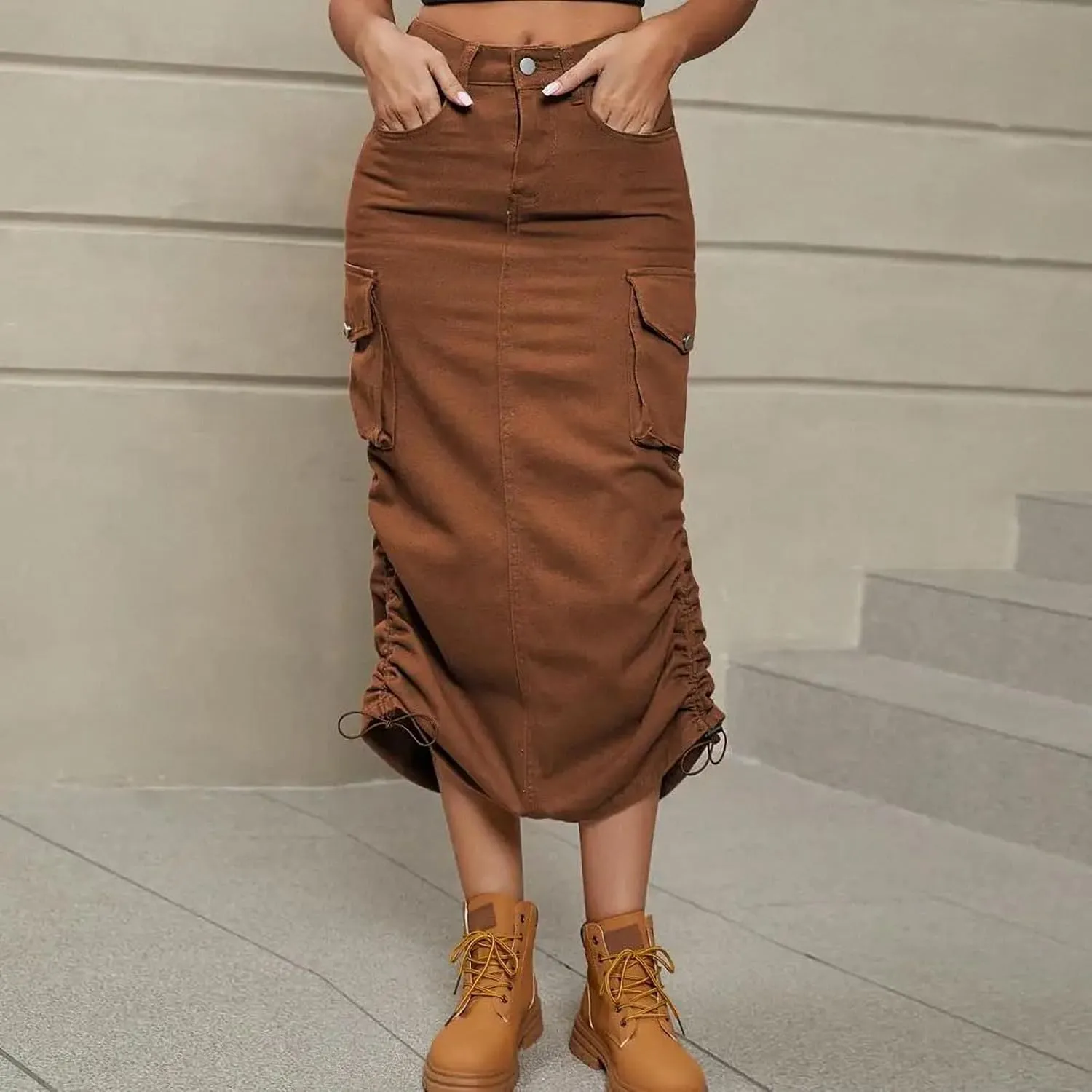 Ruched Drawstring Parachute Cargo Maxi Skirt Long Skirts Women High Street Streetwear