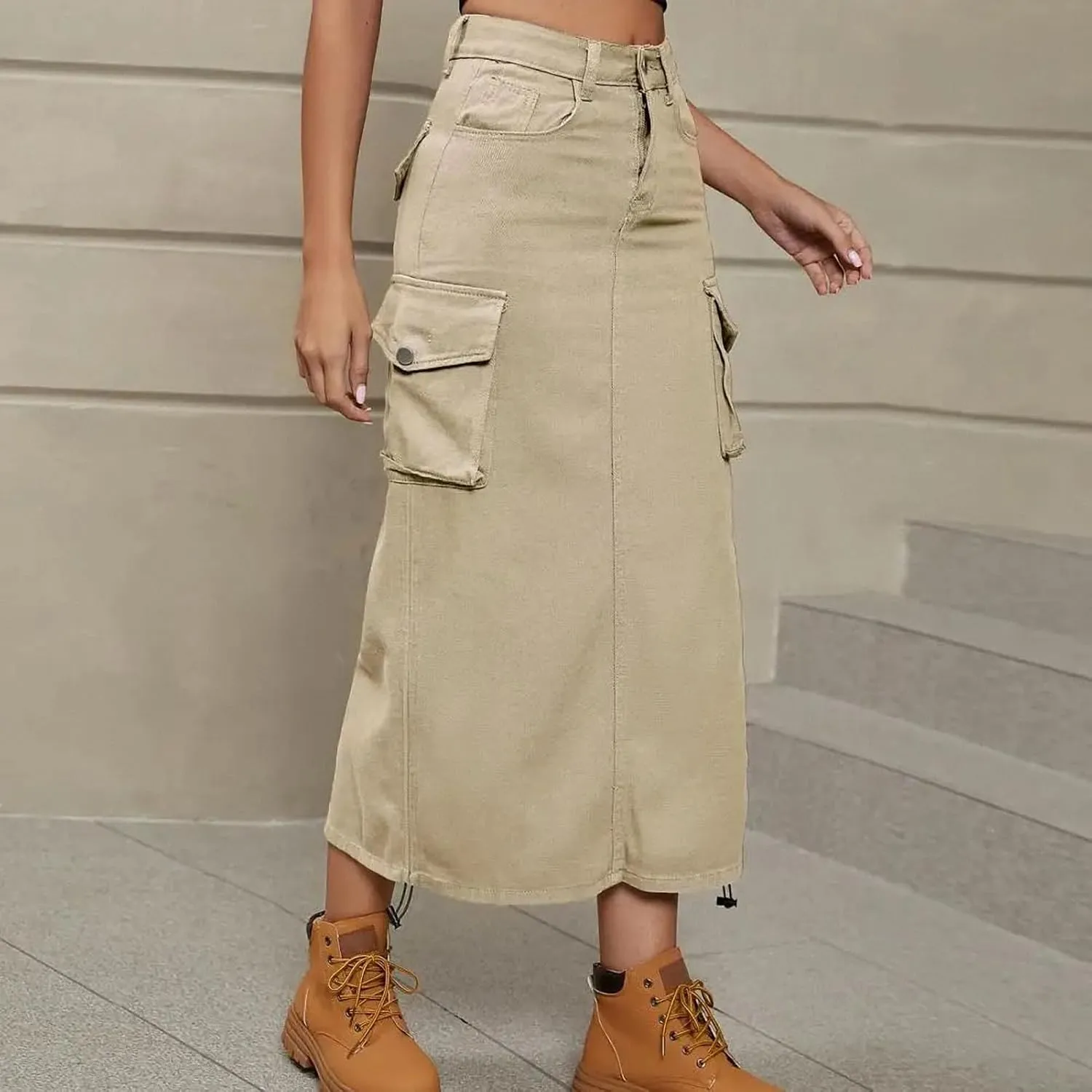 Ruched Drawstring Parachute Cargo Maxi Skirt Long Skirts Women High Street Streetwear