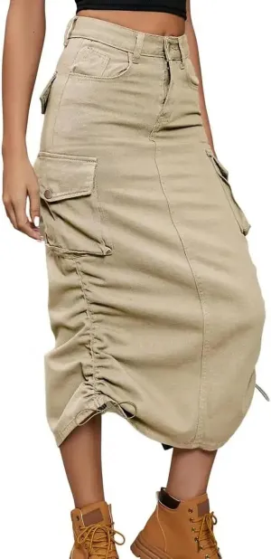 Ruched Drawstring Parachute Cargo Maxi Skirt Long Skirts Women High Street Streetwear