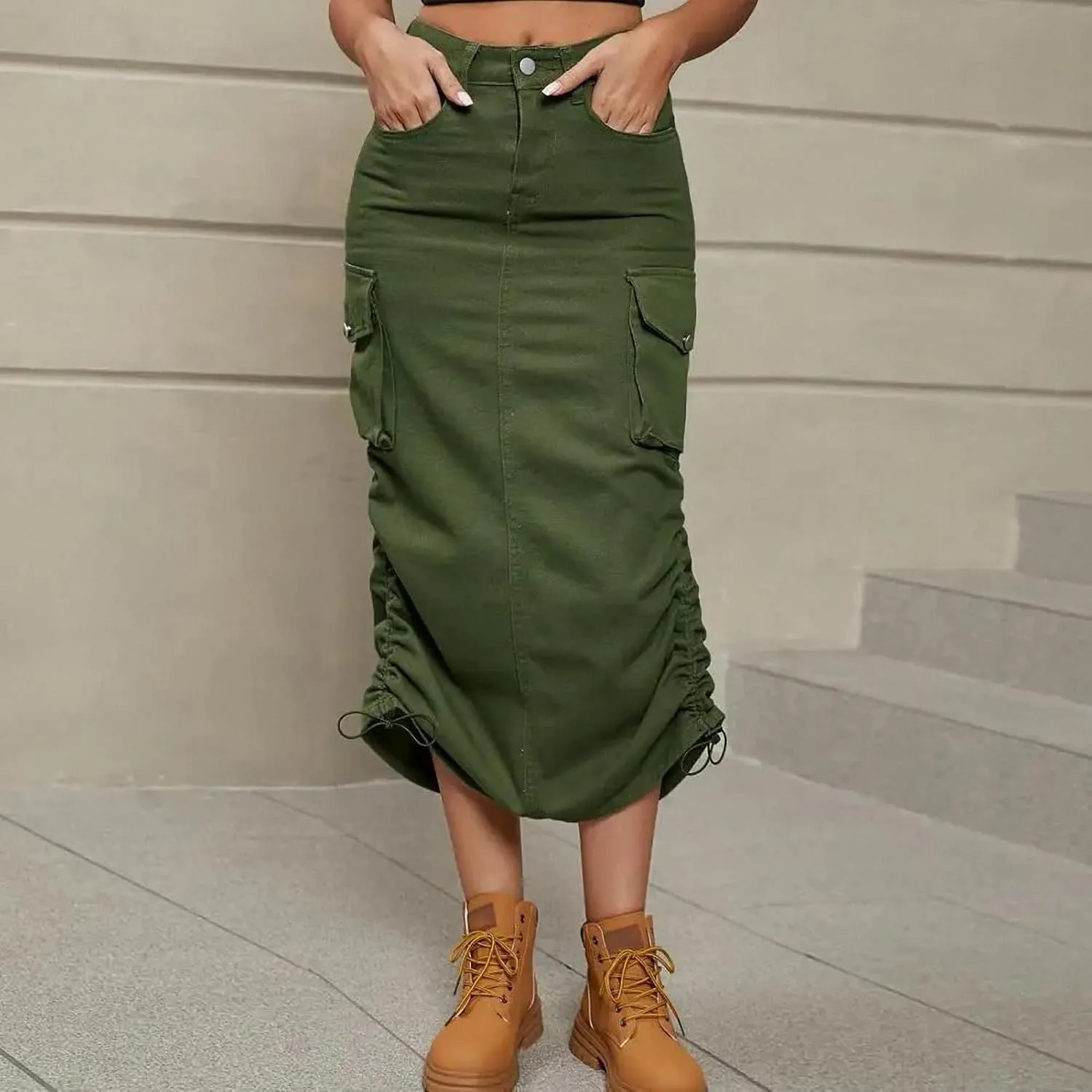 Ruched Drawstring Parachute Cargo Maxi Skirt Long Skirts Women High Street Streetwear
