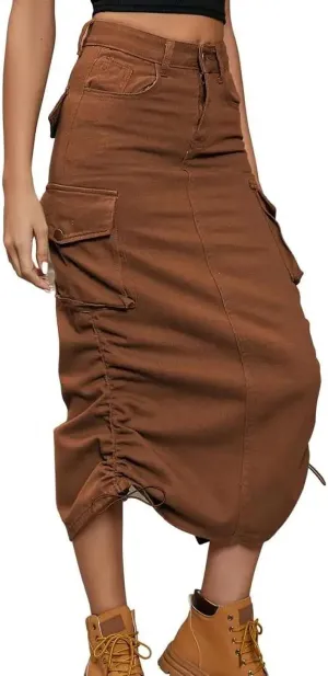 Ruched Drawstring Parachute Cargo Maxi Skirt Long Skirts Women High Street Streetwear
