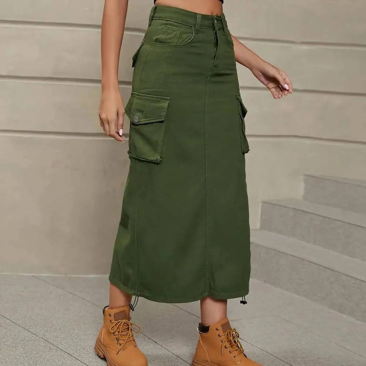 Ruched Drawstring Parachute Cargo Maxi Skirt Long Skirts Women High Street Streetwear