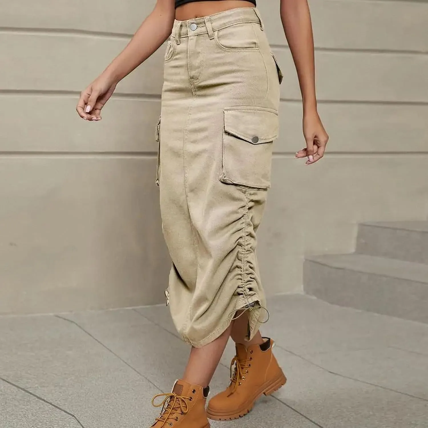 Ruched Drawstring Parachute Cargo Maxi Skirt Long Skirts Women High Street Streetwear